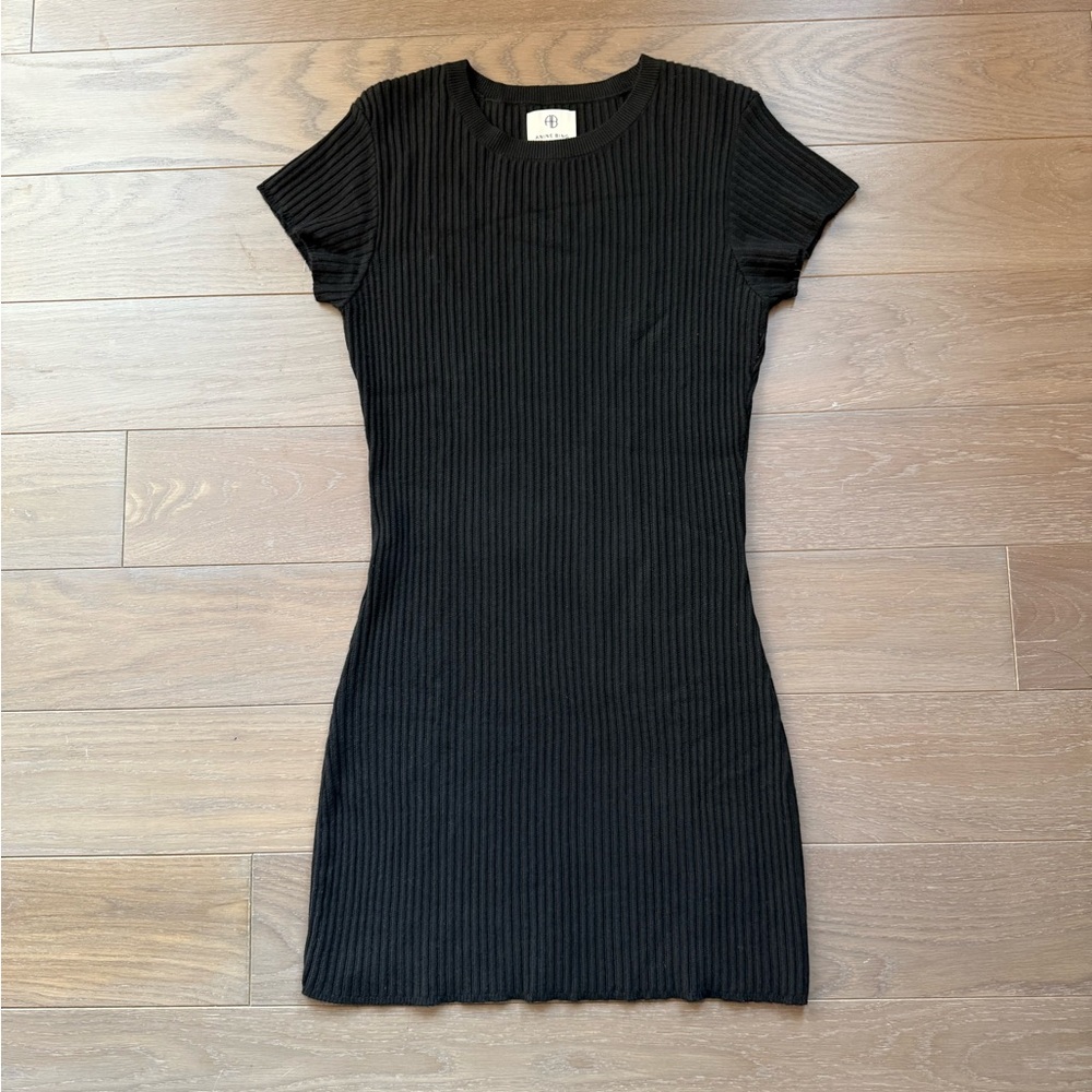 Anine Bing Black Ribbed Short Sleeve Mini Dress